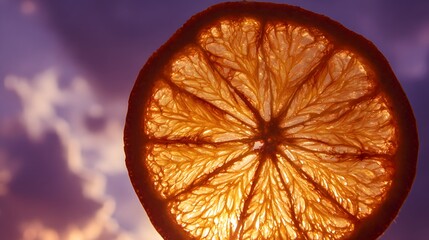 Close-up of a translucent orange slice with intricate details and a vibrant background.