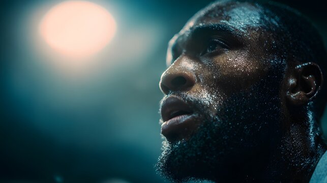 Close-up of a sweaty man looking up with determination under a bright light, intense focus.