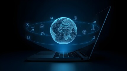 Global Connectivity Concept with 3D Holographic World Map on Laptop Keyboard