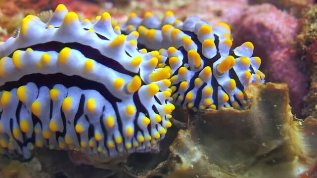 Witness captivating dorid nudibranchs near coral reefs in Anilao, Philippines. Experience the tranquility of their natural habitat during the serene early morning hours.