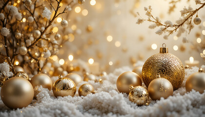 Elegant Gold Christmas Ornaments and Snow Background with Soft Bokeh Lights