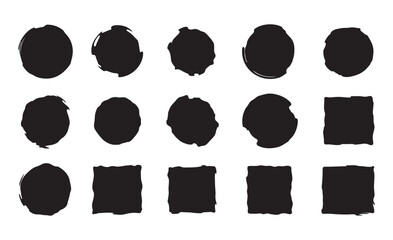 Black ink brush stroke circles and squares collection