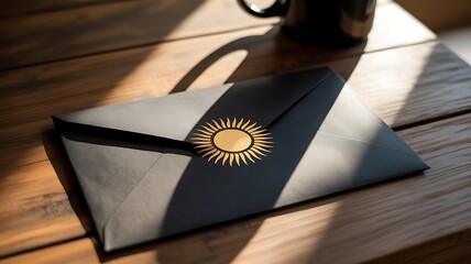 Elegant envelope with a golden sun seal resting on a wooden surface with a coffee cup in the background, a warm sunlight creating beautiful shadows