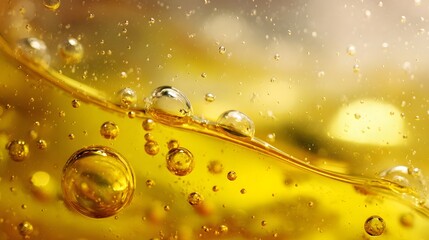 Close-up of golden liquid with bubbles, creating a mesmerizing abstract pattern.