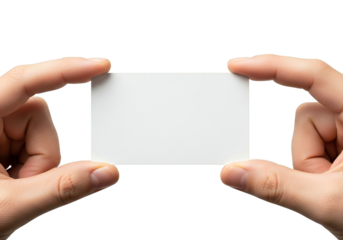 Hands holding blank paper cards isolated on transparent background