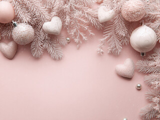 Pink Christmas ornaments and hearts on frosted pine branches