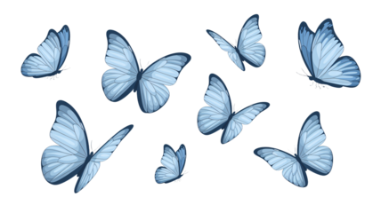 Nine blue butterflies with dark blue edges flying on white background, delicate wings spread wide in various directions, natural scene with insects