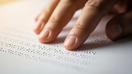 Woman reading braille text with her fingers. Visual impaired person using touch to access information, concept of disability accessibility.