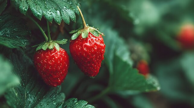 Close-up of ripe strawberries growing on a plant, showcasing vibrant red fruit and green leaves. - Powered by Adobe