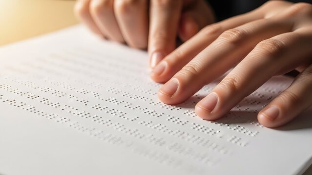 Womans hand reading braille text by touching with finger, close-up. Concept of education for blind people. Braille letters for communication. - Powered by Adobe