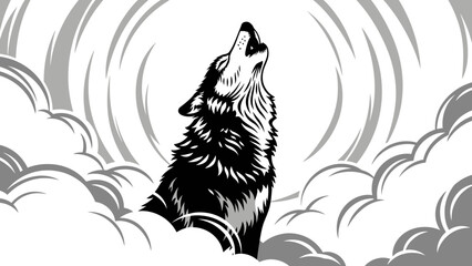 Obraz premium Majestic howling wolf silhouette amidst swirling wind patterns and dynamic clouds