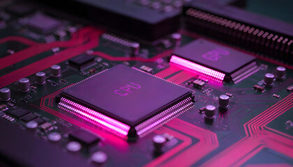 Close up glowing cpu and gpu microchips on purple electronic circuit board