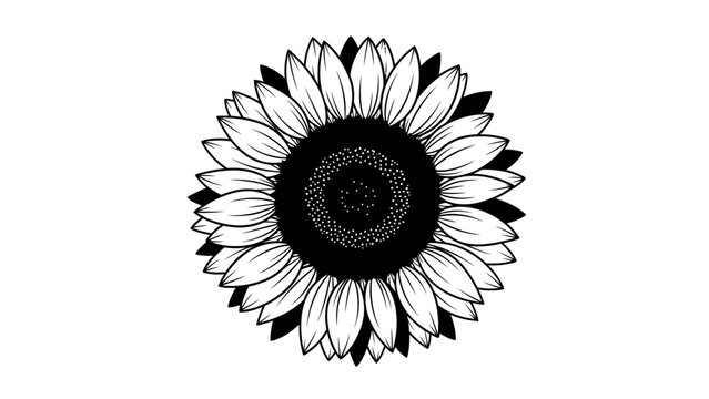 Stylized black and white sunflower illustration emphasizing intricate petal details and
