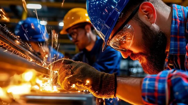 Focused factory worker welding with safety helmet and protective glasses, sparks and metalwork engineering assembly line industrial worker closeup