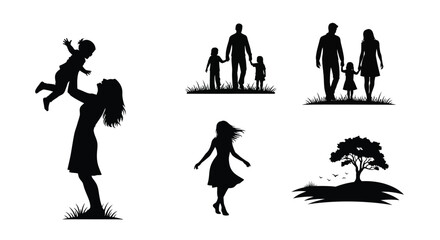 Silhouette family scenes depict love togetherness and joyful outdoor moments