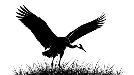 Obraz premium Silhouette of a Heron Landing in Tall Grass with Outstretched Wings at Dusk