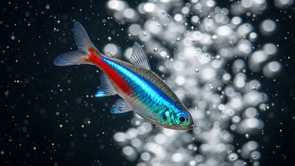 Neon Tetra Fish Swimming in Aquarium Water.