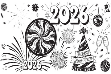 Happy New Year 2026 Celebration Illustration with Fireworks and Party Elements