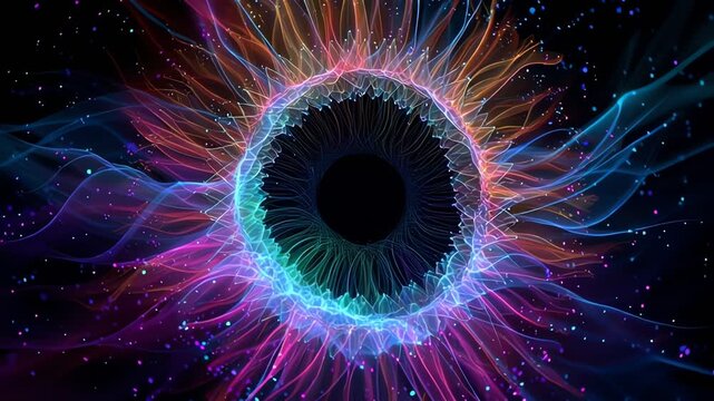 A vibrant abstract eye-like form with radiating colorful light patterns and energy waves.
