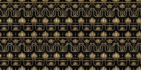 Intricate seamless Thai pattern featuring golden mandalas, lotus flowers, and serene Buddha silhouettes, ideal for elegant wallpaper.