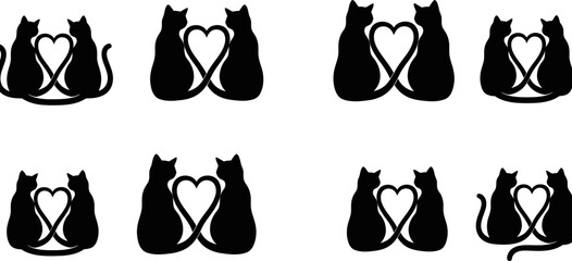 black silhouette cats sitting back to back with heart shape