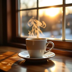 Cup of hot coffee on wooden table 