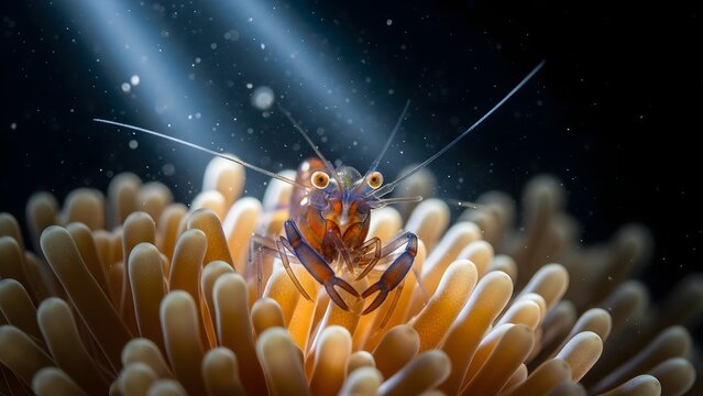 Shrimp perched on anemone underwater scene.