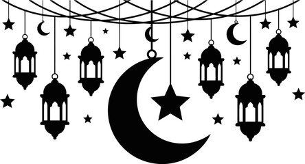 ramadan lanterns and crescent moon with stars on white background © Afia