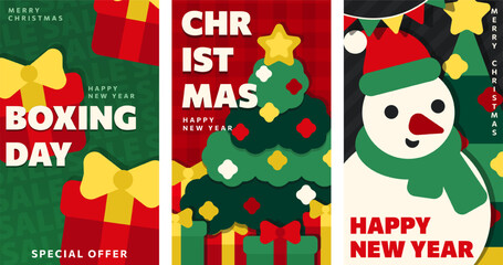 Christmas and New Year 2026 vector banner, card set with flat illustrations: Boxing Day gifts, decorated Xmas tree, snowman. Vertical posters for holiday greetings, sales designs, social media, print