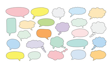 Set of many colorful blank speech bubbles with outline isolated on white background