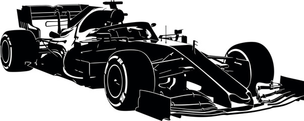 Obraz premium Black and white Formula 1 racing car silhouette for motor sports competition speed automotive engineering and professional transportation design
