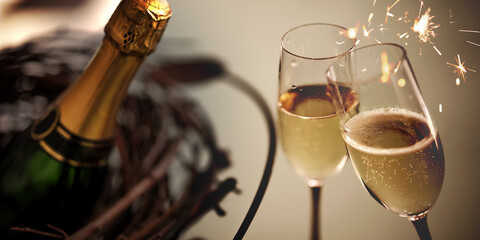 Champagne bottle with two filled glasses for a toast. Atmospheric background with a lit sparkler for special moments.