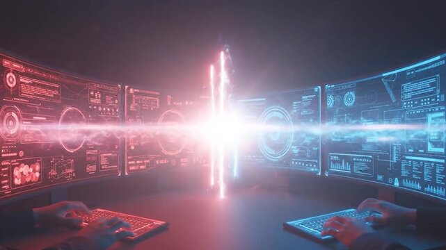 Cyber duel: Intense conflict between glowing red and blue data streams.