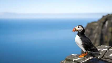 Atlantic Puffin Perched on Cliff Edge Overlooking Blue Ocean