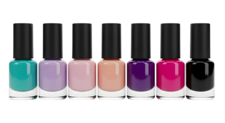 Assorted nail polish bottles in various colors and shades Isolated on transparent background
