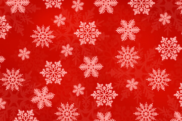 Christmas red background of pink snowflakes flying in the air. Holiday card for New Year and Christmas with space for greetings, labels and your design.