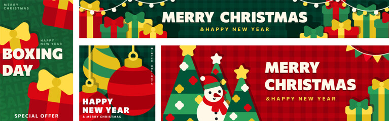 Set of flat Christmas banners, web headers for holiday sale, Boxing Day and New Year 2026. Greeting cards with cartoon layered gifts, baubles, Xmas tree, festive decor. Modern graphic promo templates.
