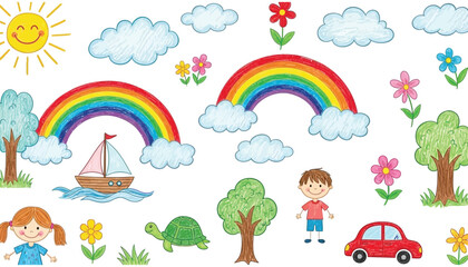 Naklejka premium Whimsical illustration of children in a vibrant nature scene with rainbows and flowers