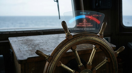 Ship wheel wooden helm navigation technology digital display ocean control maritime steering guidance. Modern ship wheel with digital navigation