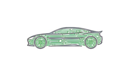 Naklejka premium Complete silhouette of a modern car rendered in green circuit board lines, showcasing advanced electronic vehicle technology and automation.