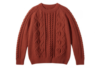 Red knitted sweater with cable pattern red sweater long sleeves isolated on a transparent background