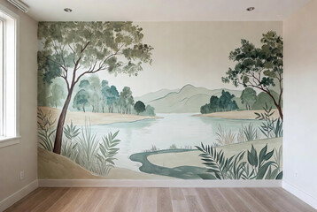 Mural on wall depicting a river landscape with trees and mountains in a room during daylight hours. Empty room interior.