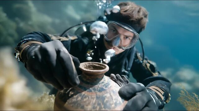 A marine archaeologist brushing sand off an ancient amphora underwater, revealing patterns untouched for centuries &mdash; underwater excavation, ocean history discovery, and archaeological exploration.