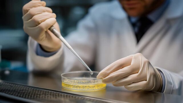 A researcher using a sterile inoculation loop to streak bacteria across an agar plate, gloved hands steady under a laminar flow hood &mdash; aseptic technique, controlled lab environment, and