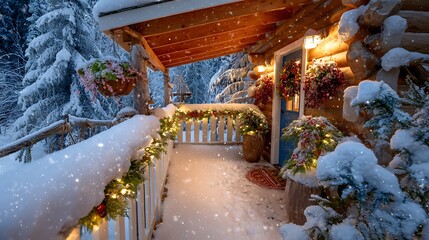 Snowy Cabin Porch with Christmas Decorations and Warm Lighting