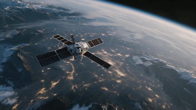 A space vessel drifting above Earth&rsquo;s atmosphere, solar panels extended wide as astronauts view the glowing curvature of the planet below &mdash; space exploration imagery, orbital science, and