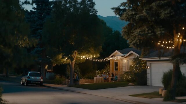 A suburban cul-de-sac hosting a spontaneous block party, neighbors chatting while string lights drape between garages and kids play tag &mdash; community bonding, local gatherings, and small-town social