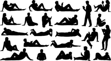 Silhouettes of people sitting and lying down reading  various relaxed poses © md manik hossain