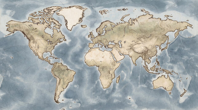 A detailed map shows the continents surrounded by a textured ocean. Landmasses exhibit topographic detail, and the sea showcases depth with varying shades of blue.