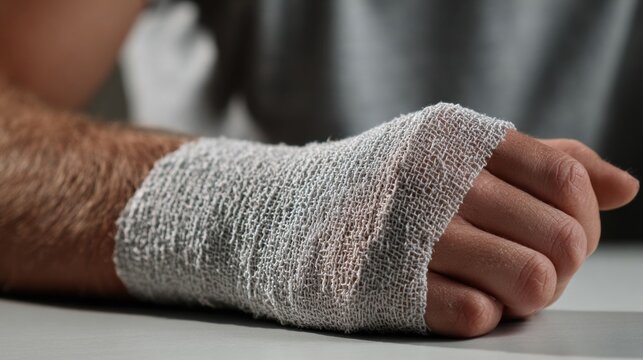 Close-up of injured hand with medical bandage, recovery and first aid concept